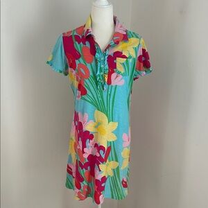 Lilly Pulitzer Aqua Multicolored Floral Print Cotton Polo Dress sz M